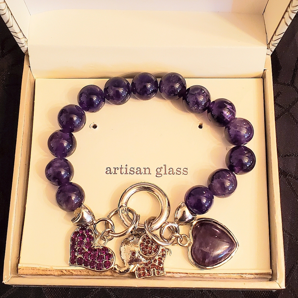 Artisan Glass Bracelet Elephant Heart Dark Purple Silvertone EUC